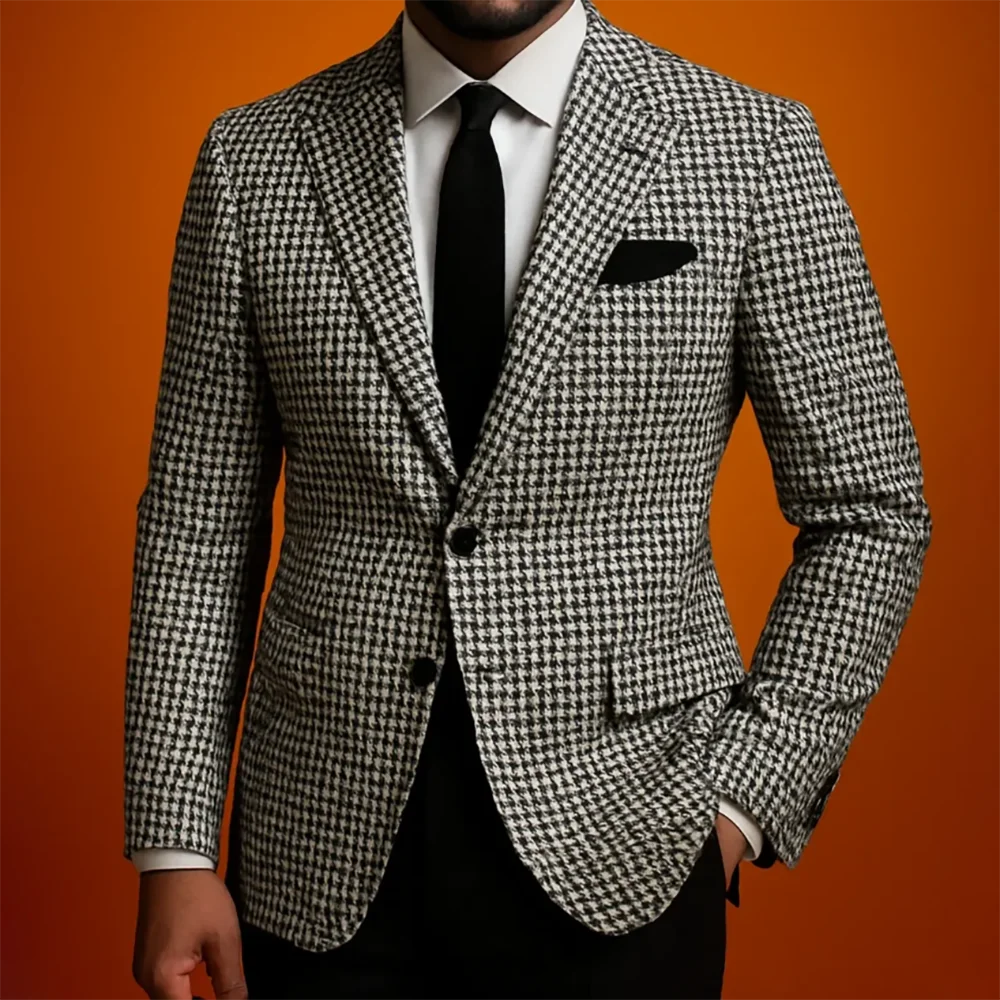 Luxury Men Black White Houndstooth Suit Single Breasted Blazer Casual Powerful Business 2Pic Jacket+Pants Set Winter Warm Outfi