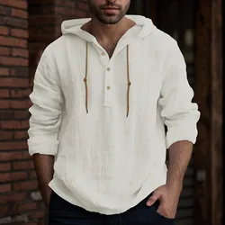 Mens Solid Simple Shirt Casual Button Hooded Shirt Tops Hooded Tops Mens Long Sleeve Shirts Men's Drawstring Tie Hooded Shirts