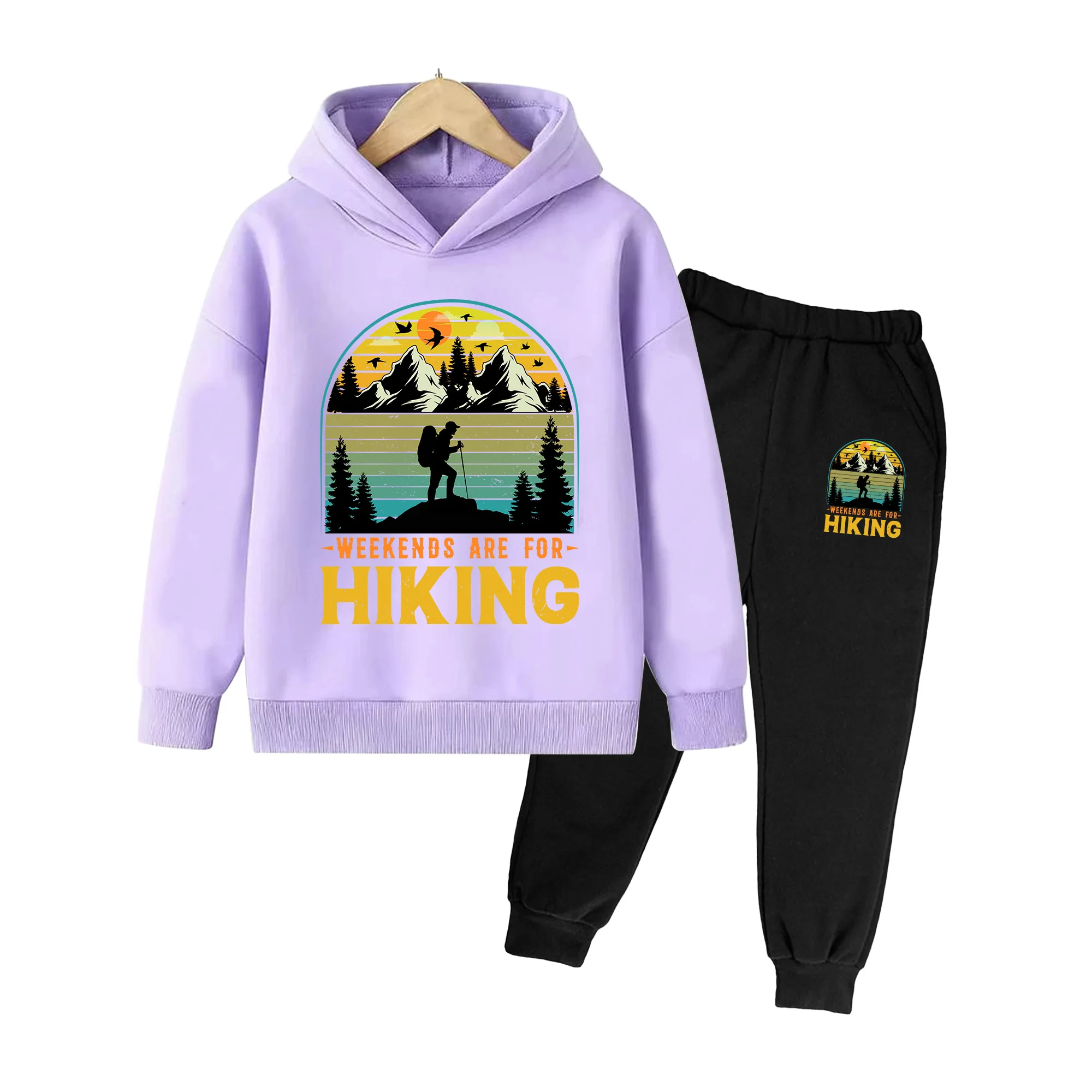 Kids Hoodie & Jogger Set, Retro Hiking Print Casual Sportswear for Boys Girls Weekend Outdoor Activities