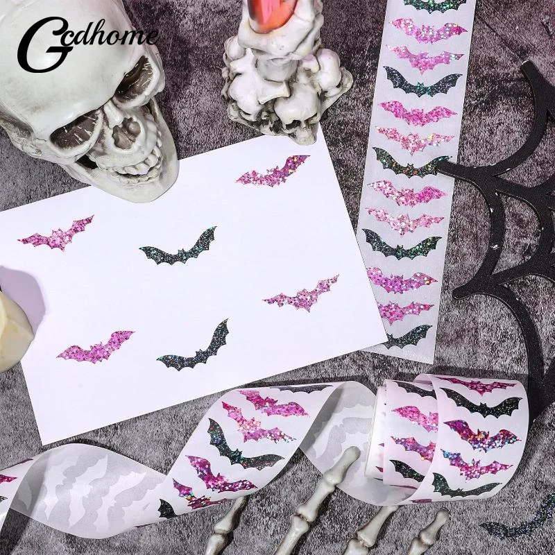 500 stks/rol Laser Zwarte Vleermuis Waterdichte Glitter Zelfklevende Decals Halloween Vleermuis Stickers Voor Party Scrap DIY Accessoires