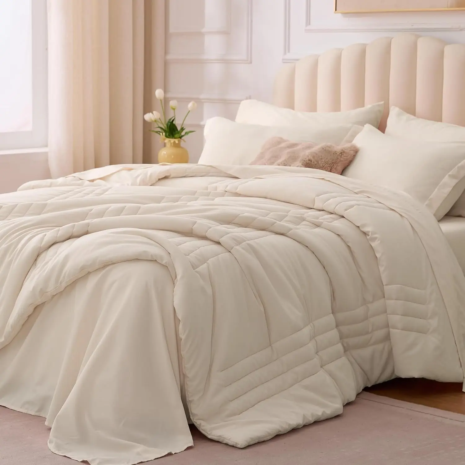 

Full Comforter Set Beige - 7 Piece Bed in a Bag with Soft Sheets & Pillowcases for All Seasons