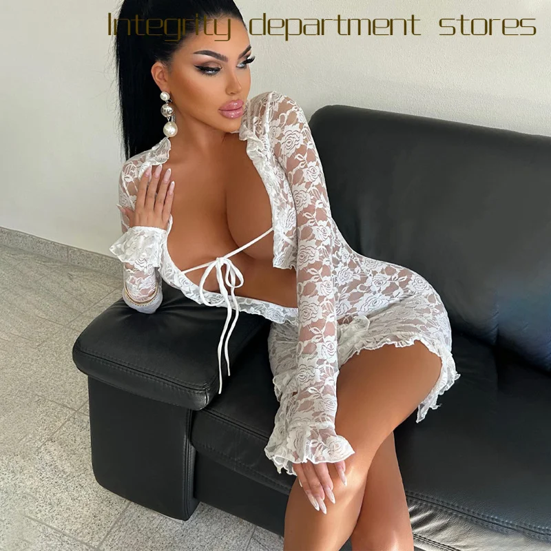 

Sexy Lace Cutout eer Top with Sa Bodycon Skirt Spring Summer Polyester Fabric Bell Sve Midi Dr for Women