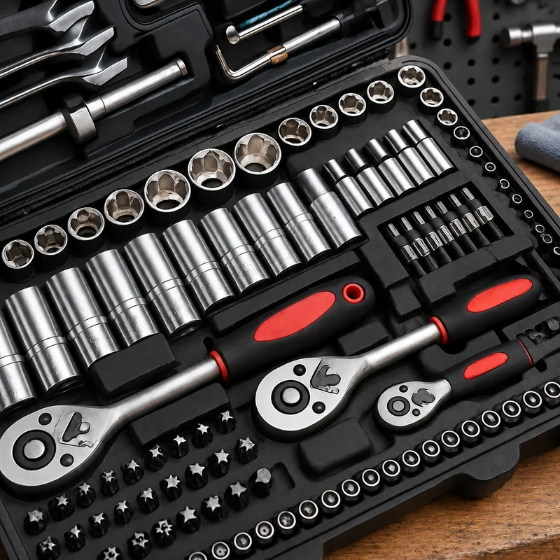 46-Piece Socket Set with Ratchet, Extension Bars, and Storage Case, Chrome Vanadium Steel for Vehicle and Home Repairs