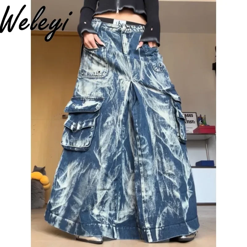 

Metal Big Pocket Tie-dye Denim Skirt Woman Clothes 2024 Early Autumn New American Goth Girl Slim Mid-length Skirts for Women