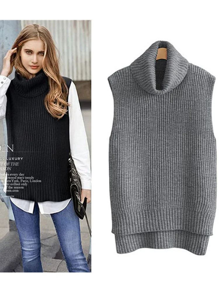 Autumn And Winter New Turtleneck Sweater Cashmere Vest Women\'s Sleeveless Female Sweater Vest Large Size Vest Loose Slit  Wool