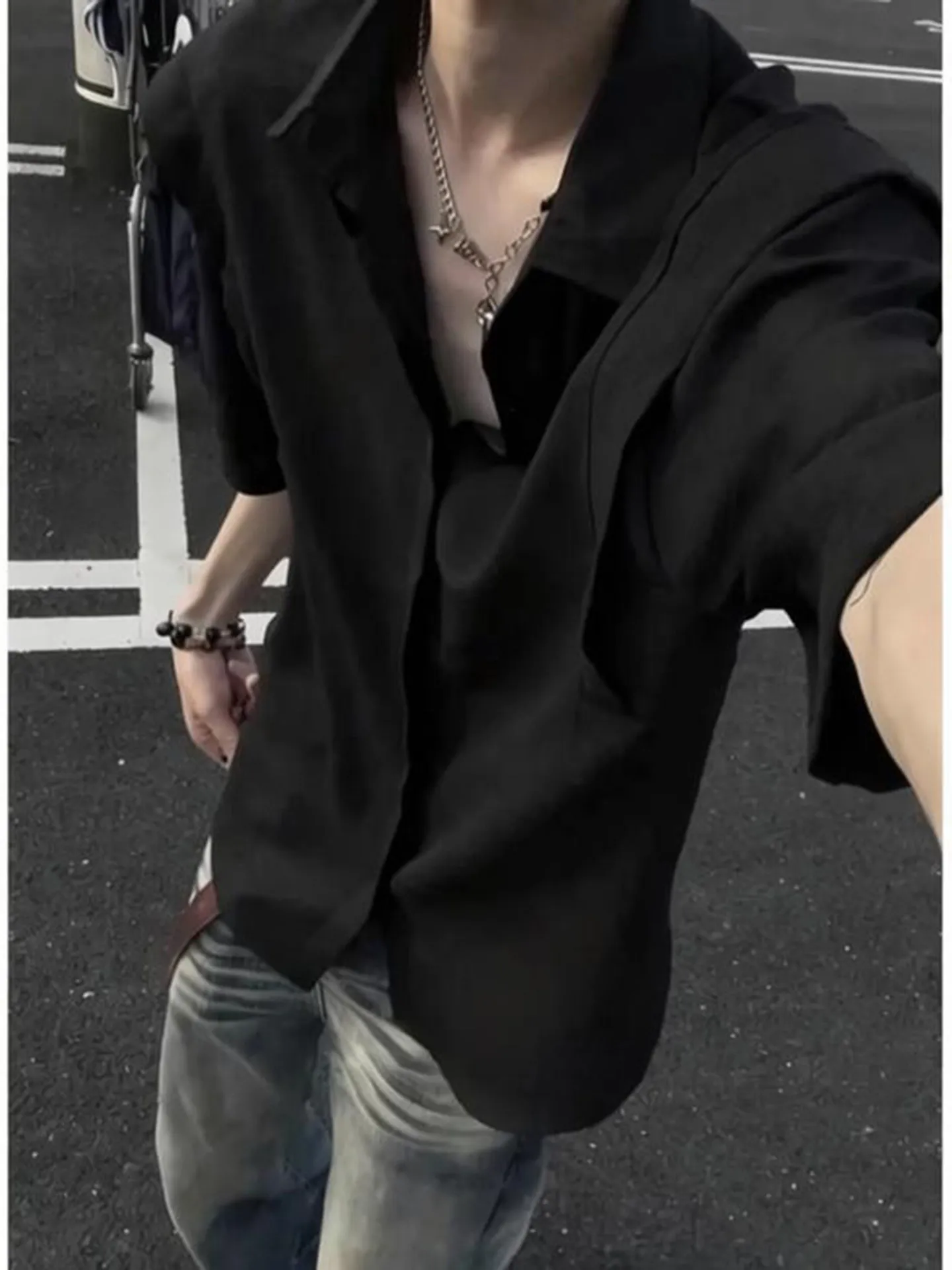 Black Linen-Like Ice Silk Short Sleeve Men's Shirt Summer Loose Fit Breathable Drapey Sun Protection Outerwear Casual Style