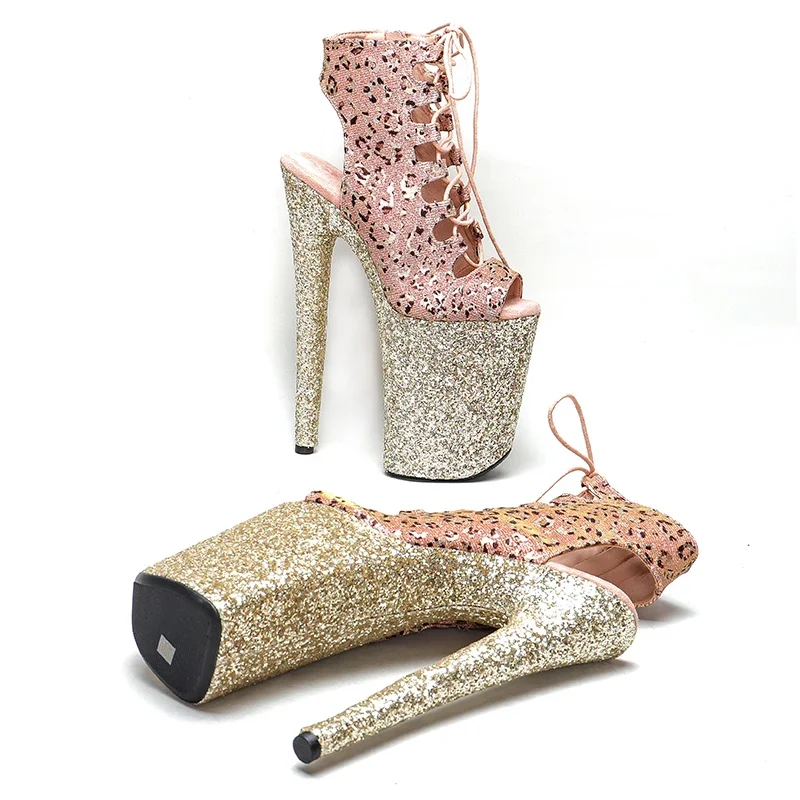 Leecabe 23cm/9 polegadas leopardo superior com plataforma de glitter dedo do pé aberto pólo sapatos de dança salto alto bota de dança pólo