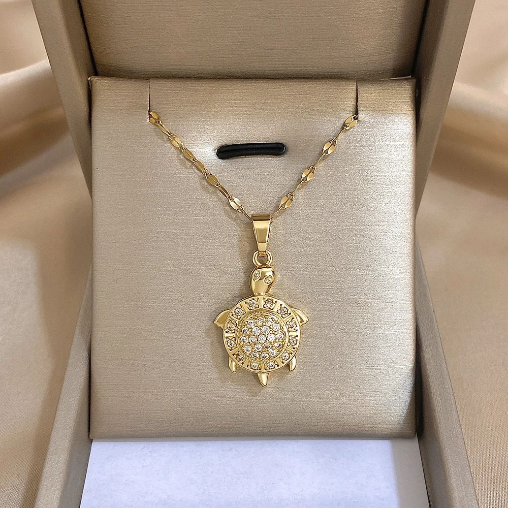 

DODOHAO Pretty Tortoise shell Pendant Necklaces For Women Men Zircon Copper Pendant Necklace Gold Plated Fashion Jewelry Gifts