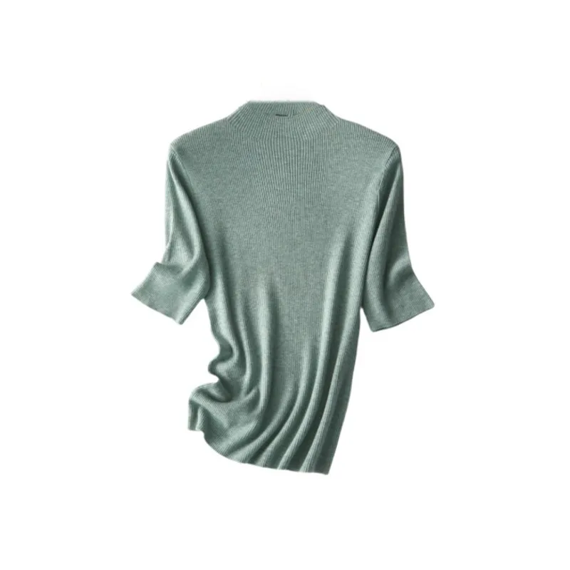 

Осенний шерстяной свитер с полувысоким воротником, женские облегающие однотонные Элегантные вязаные топы с коротким рукавом