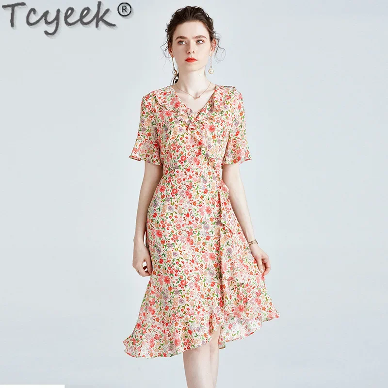 Tcyeek 100% Mulberry Silk Dress Women Summer Clothes Elegant and Pretty Women's Dresses 12MM Real Silk Long Dress Платье Женское