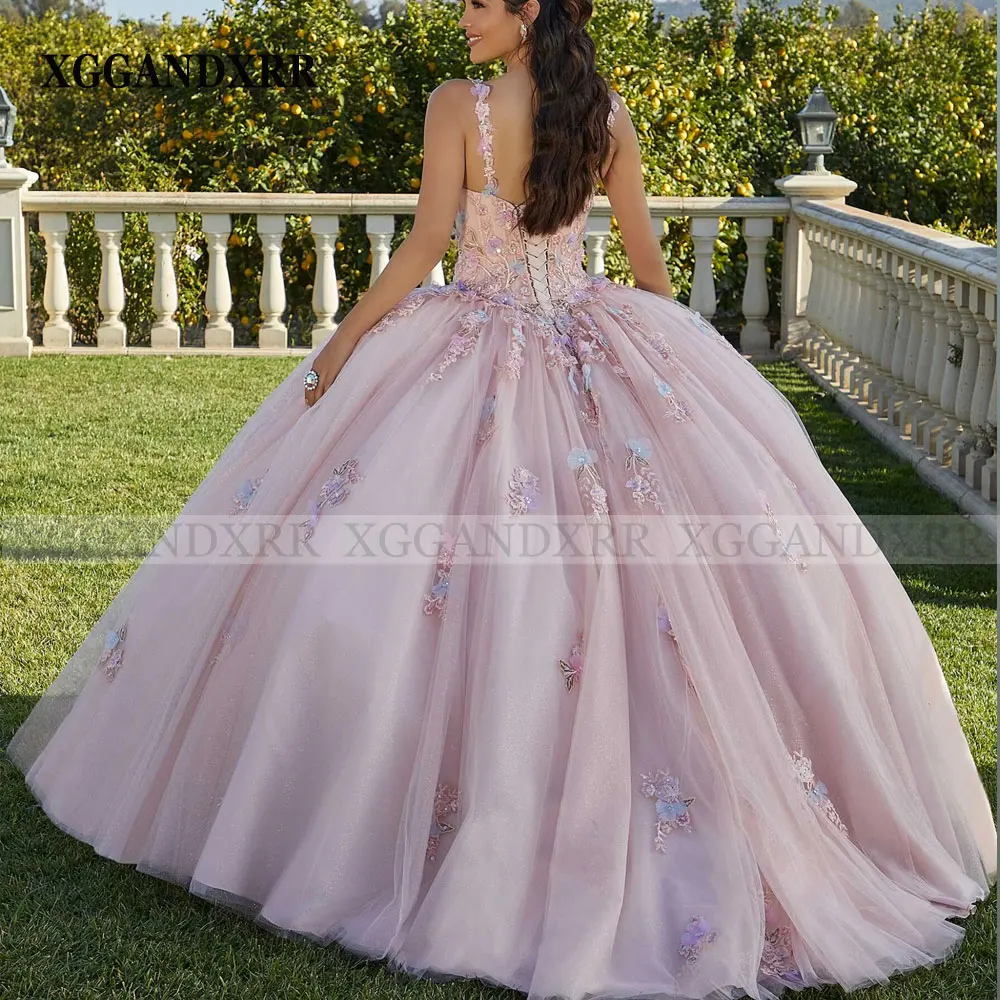 Charmante rosa Quinceañera Kleid kontrastierende drei dimensionale Blumen bestickte Ballkleid süße 16 Kleid 15 Geburtstags feier