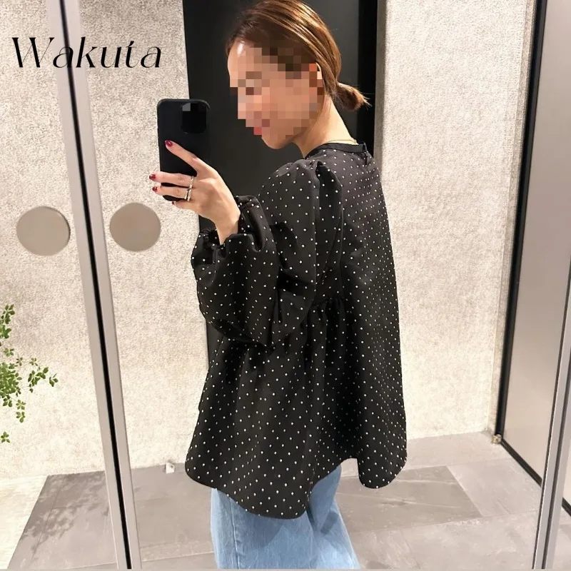 WAKUTA giapponese classico autunno/inverno articoli Ins Blogger Chic Polka Dots camicia stile bambola stile Hepburn camicia Casual a maniche lunghe