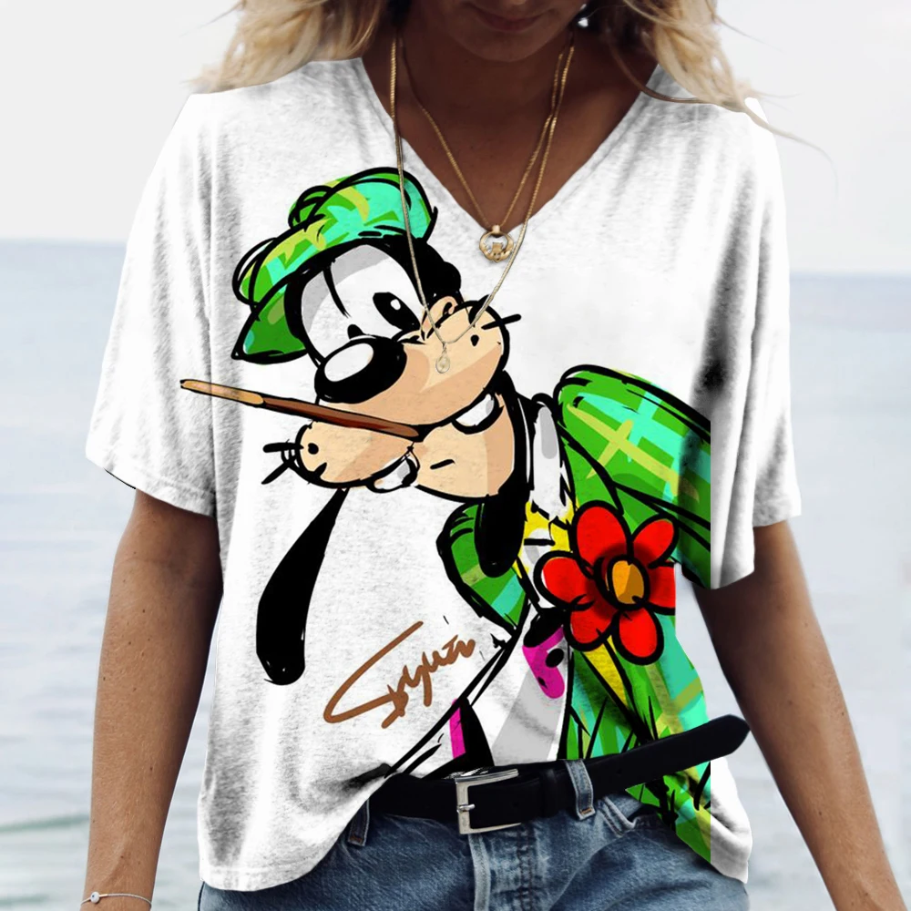 Men's Disney Goofy Print summer loose size Gaofei Fun Pattern print casual comfortable V neck short sleeved T-shirt top