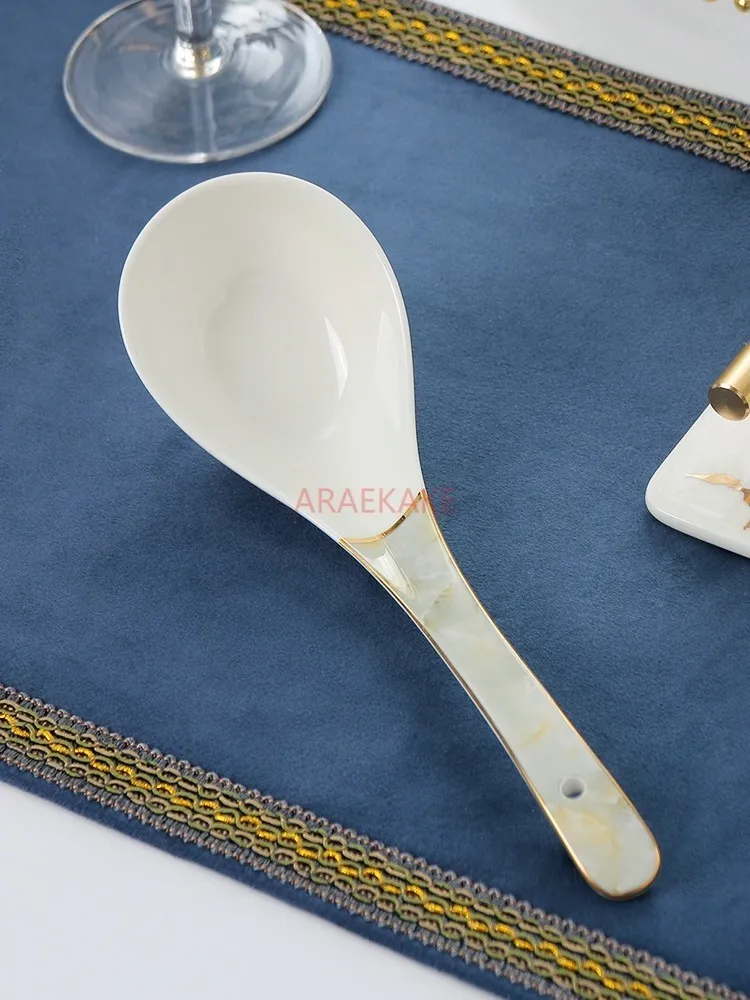 Large painted gold spoon Ceramic spoon Large spoon soup spoon Long handle Congee spoon