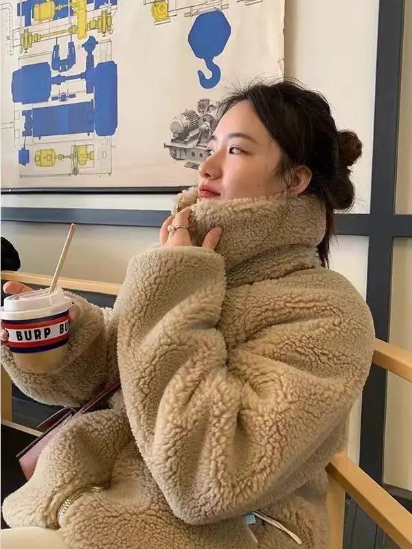 

Korean Sle Lazy Casual Lamb Fur Collar Thiened Middle-Length All-Match Women's Winter Cotton Jaet Soft Plu Coat