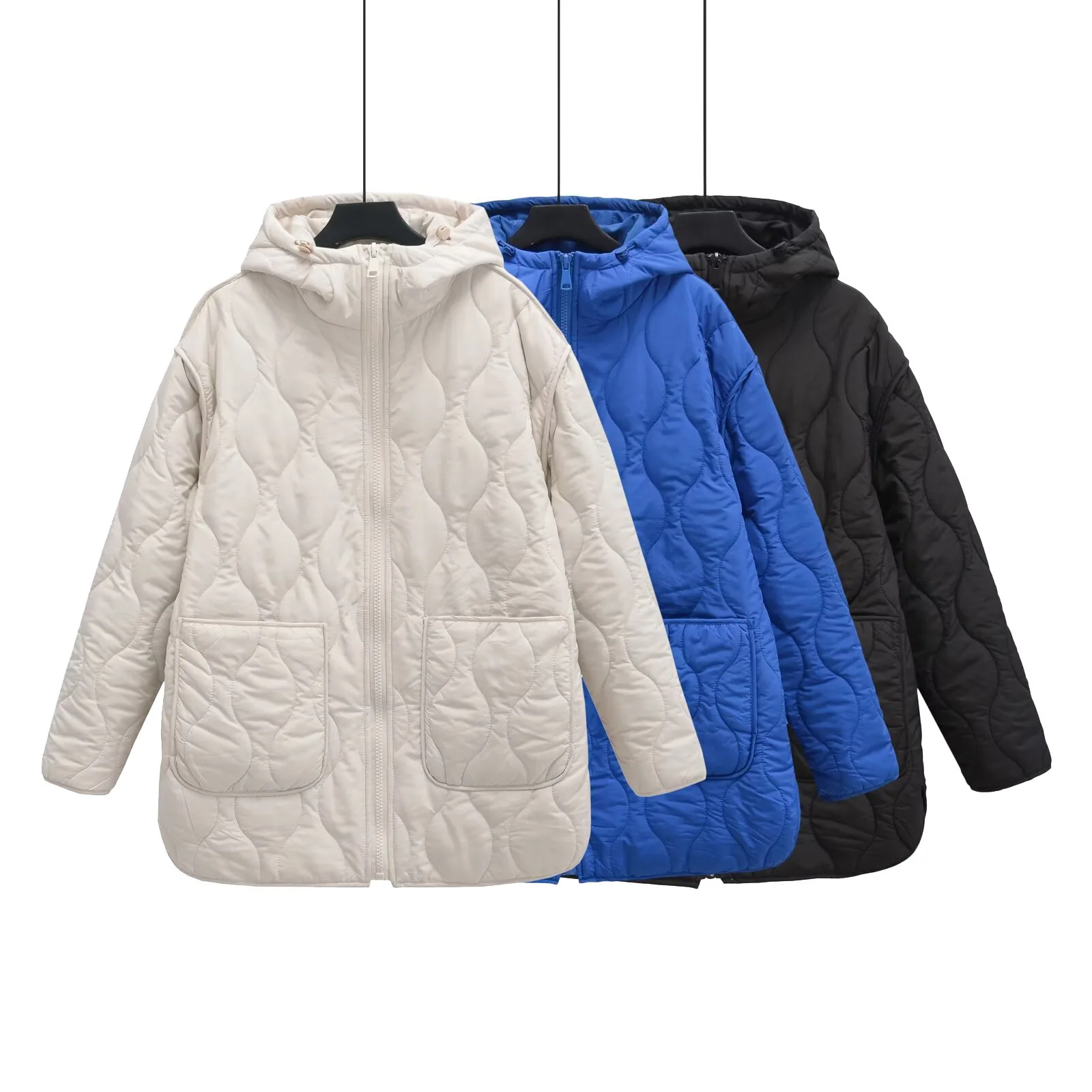 Zipper Hooded Parkas Women Winter Big Pocket Quilted Jacket Loose Mid Long Coat Warm Fashion Streetwear 2024 New Long Sleeved