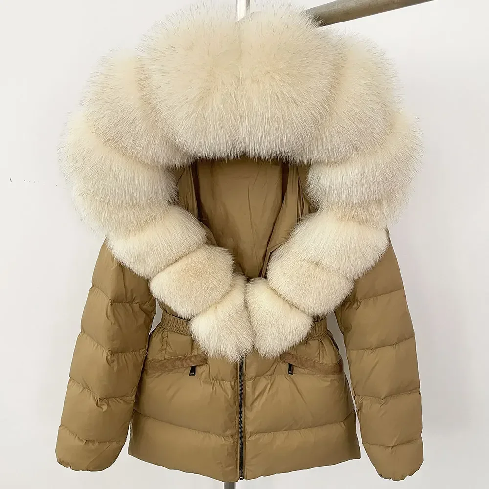 Moda nova 2025 inverno puffer jaqueta feminina pele de raposa real com capuz grosso quente 90% pato branco para baixo casaco feminino parkas à prova dwaterproof água