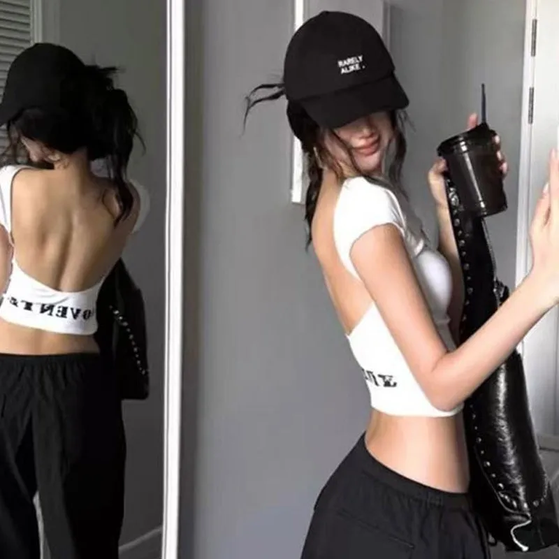 

Новые модные футболки с открытой спиной и графическим принтом, короткий рукав, летние топы с надписями, облегающие, в стиле 2000-х, женская одежда, Y2K