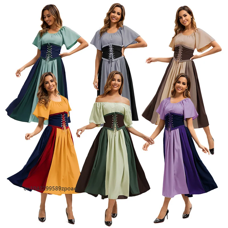 Medieval Retro Contrast Color Stitching Dress Lace Up Waisted Swing Outfit Halloween Masquerade Party Stage Role Playing Costume