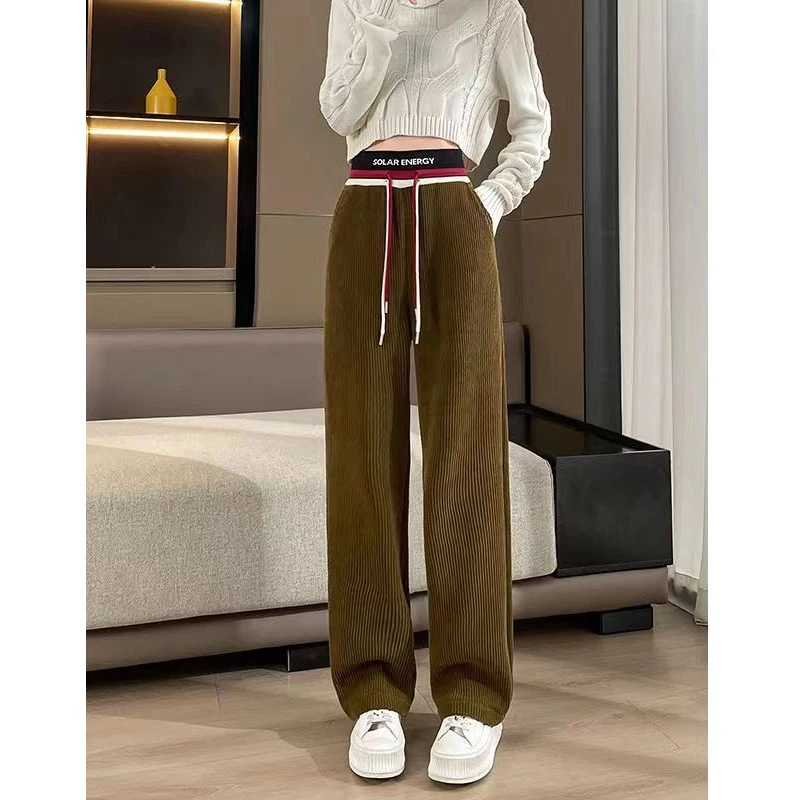 Autumn Winter New Contrast Drawstring Straight Pants High Waist Loose Trend Corduroy Wide Leg Pants Casual Fashion Women Clothes