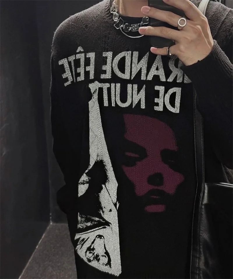 Purple Portrait Letter Print RAF SIMONS Sweater Men Women 1:1 High Quality Knit Pullover Black Top