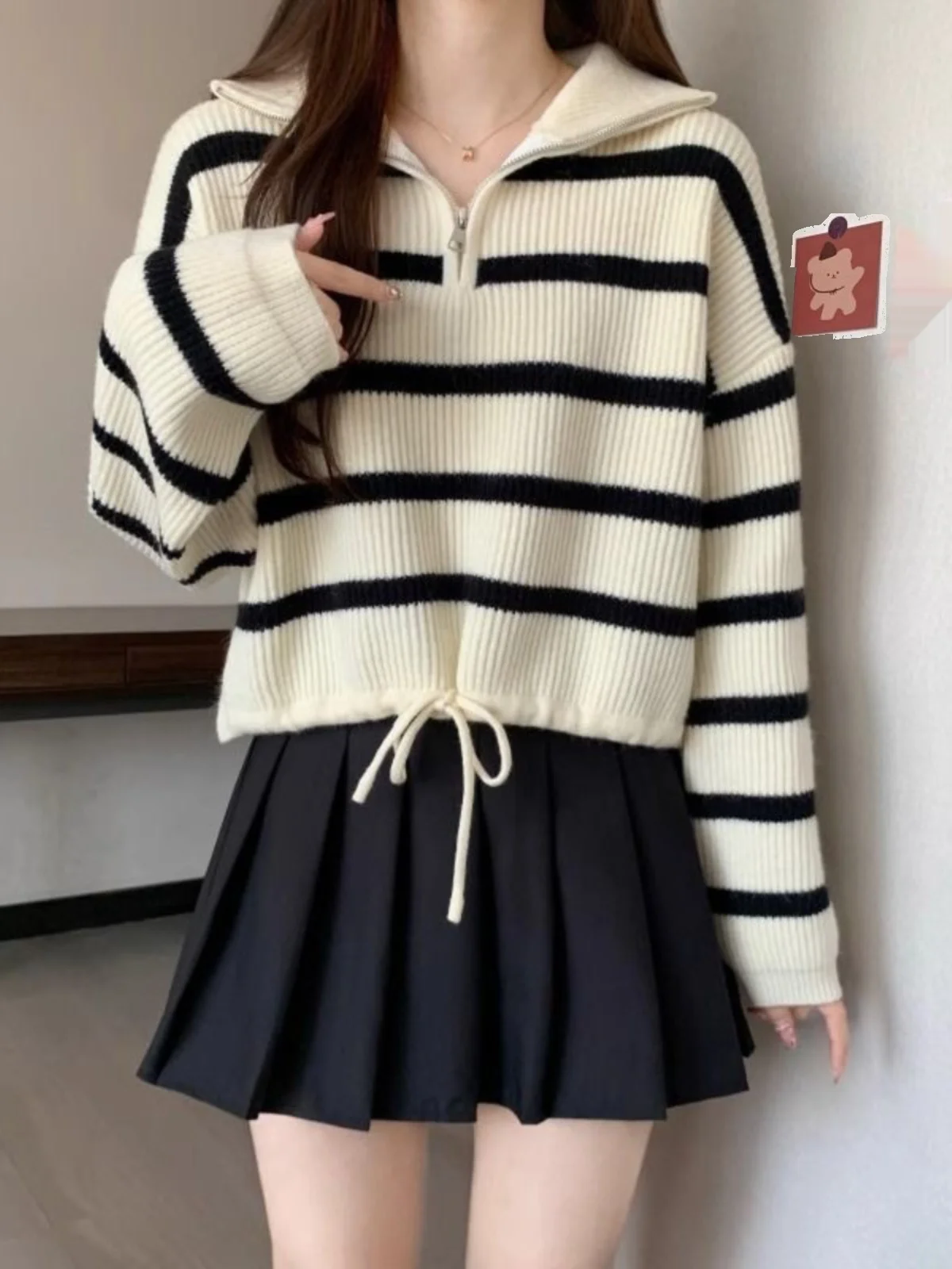 سترة محبوكة مخططة بلون Blo f مع حاشية Dstring سترة تنحيف علوية كورية Sle Commute Faion بلوفر نسائي #2