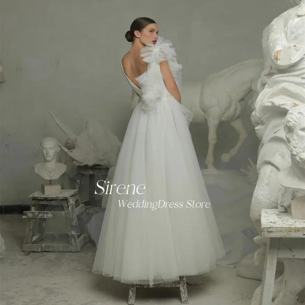 Sirene Elegant 3D Flower Spaghetti Strap Tulle Wedding Dress Sexy Deep V-neck Floor-length Sleeveless A-Line Backless Bride Gown