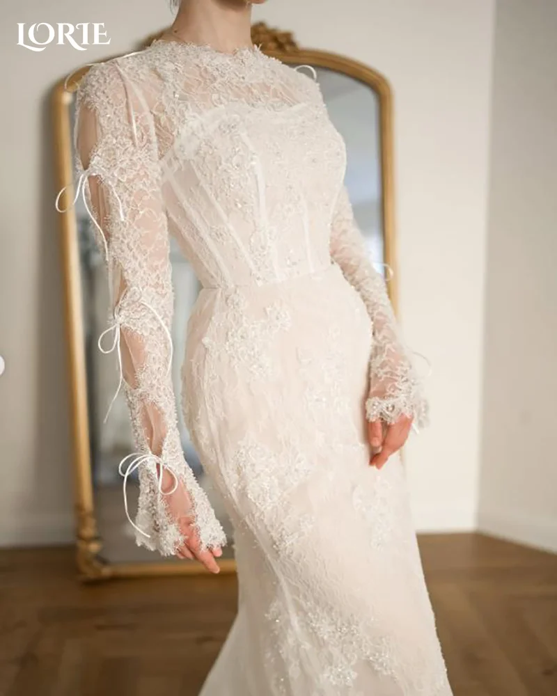 LORIE Shawl Lace Wedding Dress High Collar Long Sleeve Pleats A-line Appliques Mermaid Bride Gown Customized Corset Bride Dress