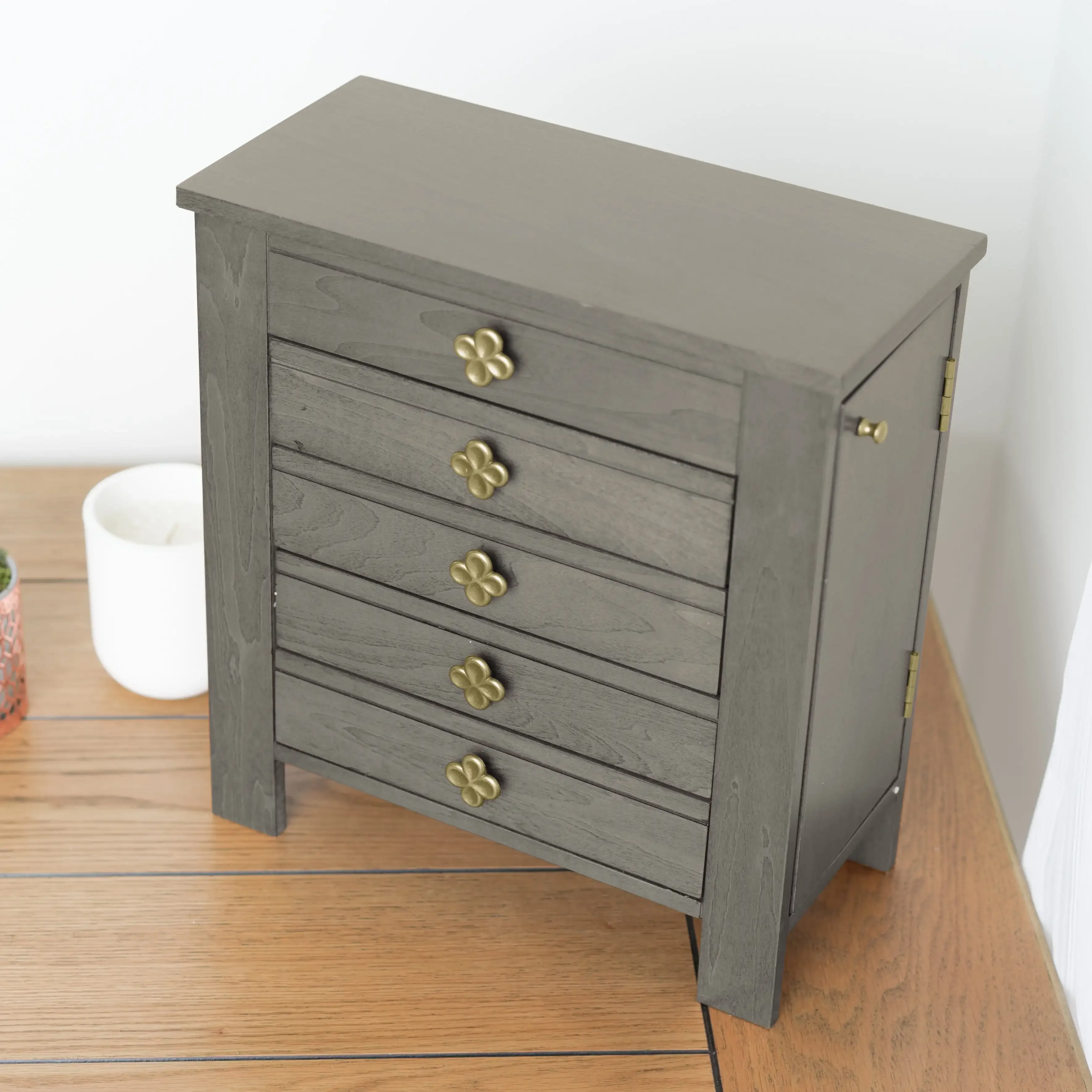 Emma Wood Jewelry Chest: Modern Grey Tabletop Storage with 4 Drawers for Women