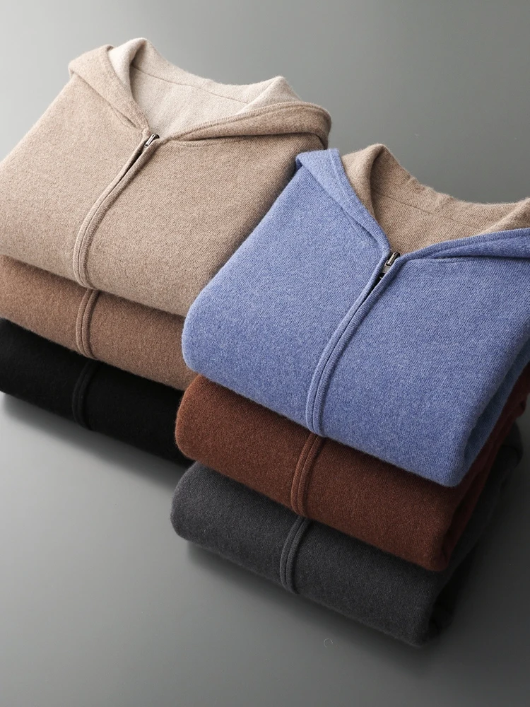 

TLOML Men's 100% Cashmere Sweater Thick Hooded Zipper Double Sided Cardigan Autumn Winter Soft Casual Cashmere Reversible Coat