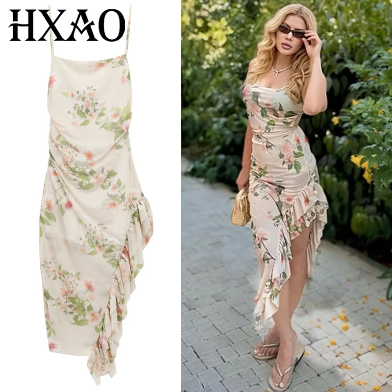 Hxao vestido feminino estampado verão 2025, casual, midi, costas nuas, em camadas, peça única, resort, babados, sem mangas
