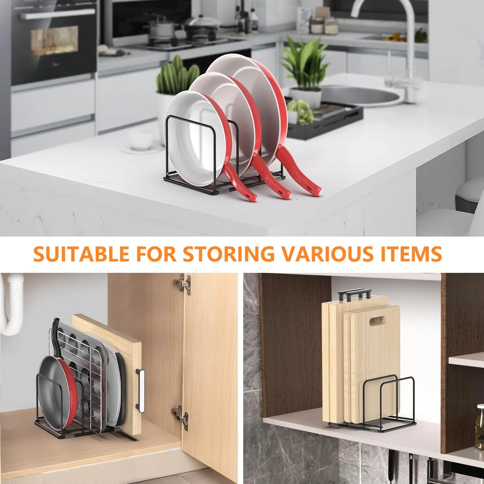 Pan Organizer Kitchen Cabinet Organizer, Steel Cookware Holder, Divided Holder with 3 Slots for Skillets Baking Tray