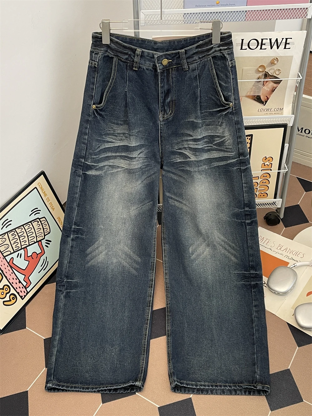 남성용 하이 스트리트 워싱 진, 아메리칸 패션 레트로 루즈 데님 팬츠, 가을 캐주얼 디스트레스드 와이드 레그 트라우저