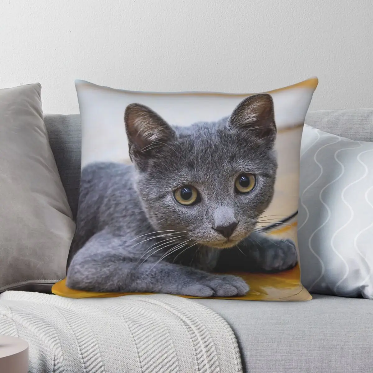 Russian Blue Cat Pillowcase Polyester Linen Velvet Printed Zip Decorative Pillow Case Sofa Seater Cushion Case Wholesale