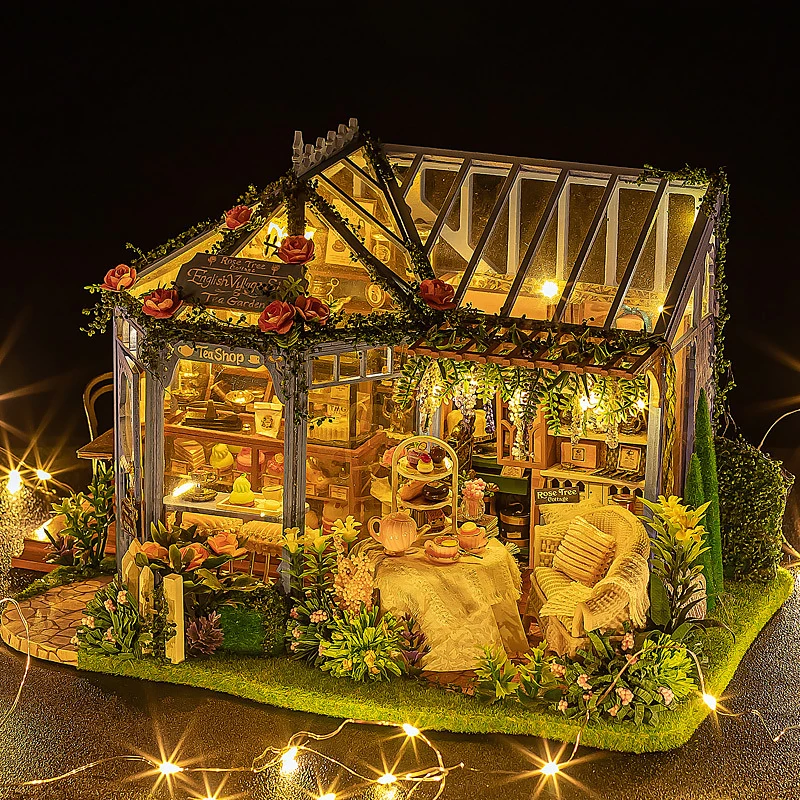 Wooden Dollhouse Kit Handmade Building Model Flower Garden 3D Puzzle Assembly Toy Miniature Doll House With Furniture Lighting