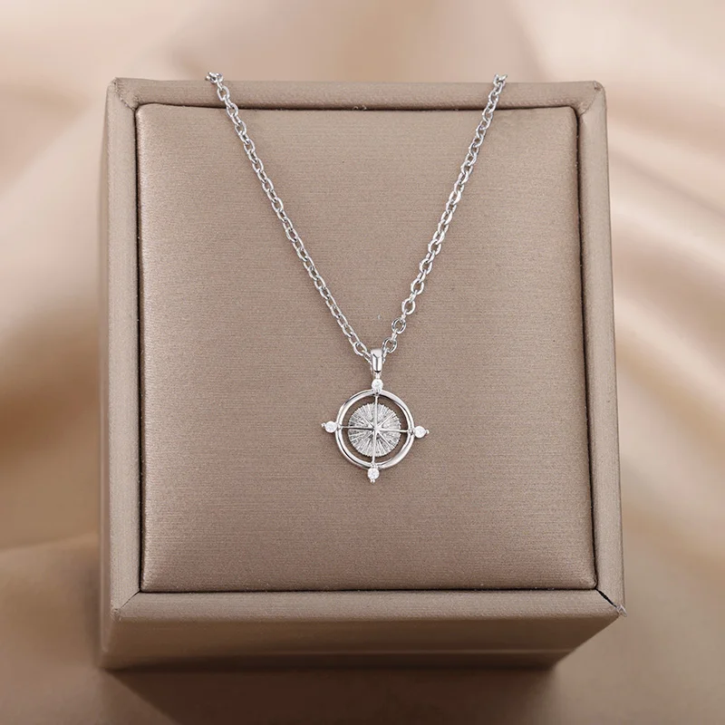 Zircon Compass Necklaces For Women Men Gold Color Stainless Steel Necklace Pendant Jewelry Female Birthday Gift 2022