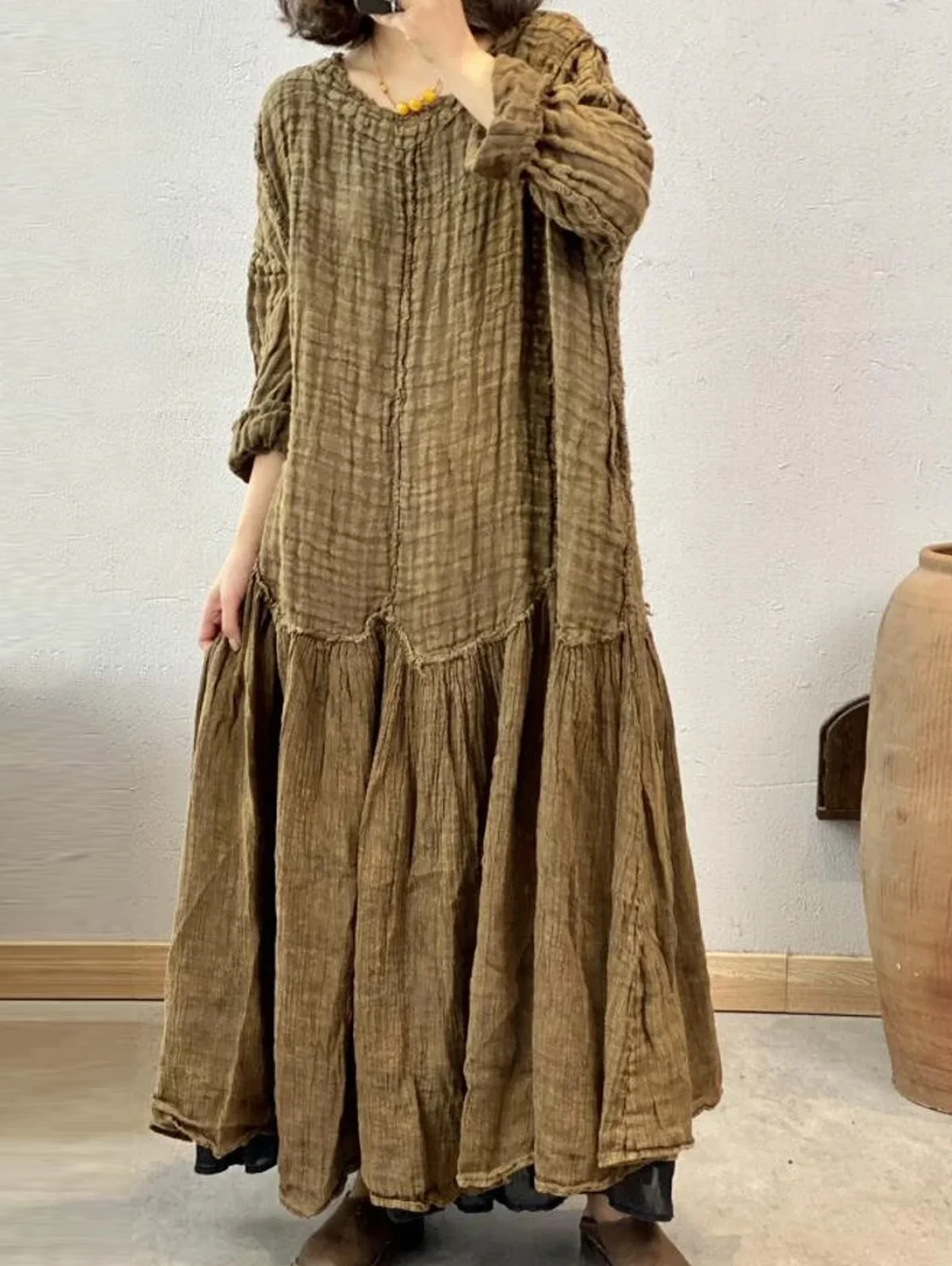 

Daily Summer Long Dress Women O Neck Long Sleeve Maxi Vestido Elegant Folds Patchwork Raw Trim Loose Sundress Solid Robe Femme