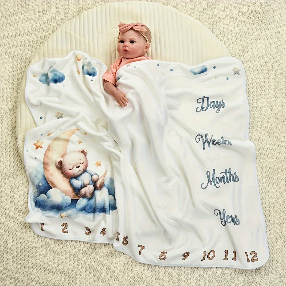 VIKAMA Moon & Rabbit Cartoon Print Baby Full Moon Photography Blanket, Newborn Baptism, Milestone Commemoration, Growth Calendar