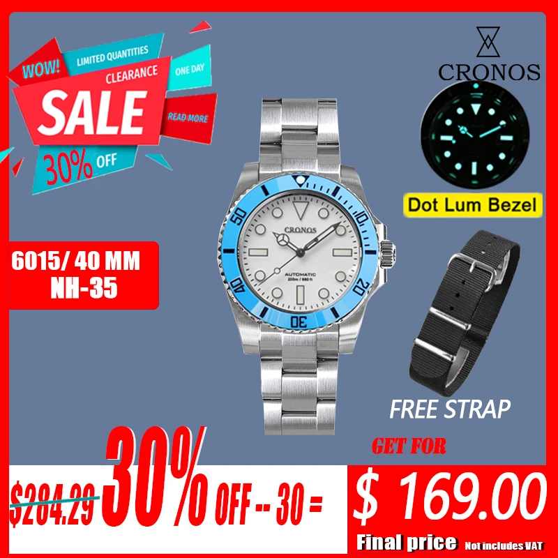 

Cronos Diver Men's watches Panda Black & White Date NH35 Ceramic Rotating Bezel 200 meters Water Resistant GlideClasp Man Watch