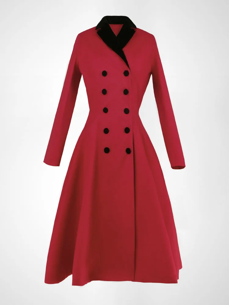 Retro 1950s elegant classic palace gentle temperament lady red black bow tie long skirt coat warm Minimalism Fashion jacket