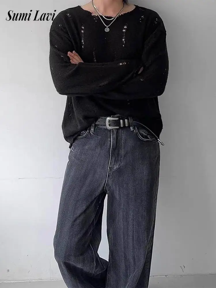 Stylish Ripped Hollow Out Knit T Shirts Mens Long Sleeve Solid Color Jumper Tops Spring Autumn Y2K Men's Knitted Tee Shirts