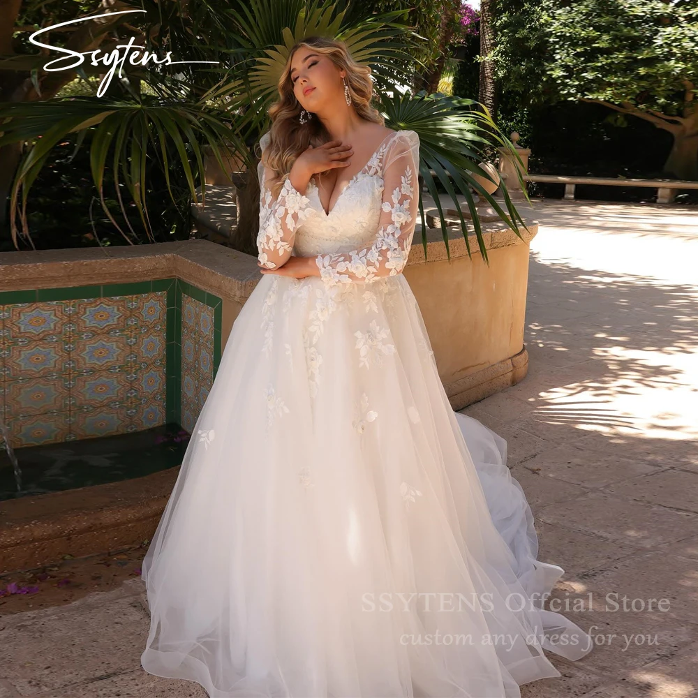 

SSYTENS Tulle Appliques Wedding Dresses A-line Full Sleeves Bridal Dress Plus Size Beach Wedding Gown Robe De Mairee Customized