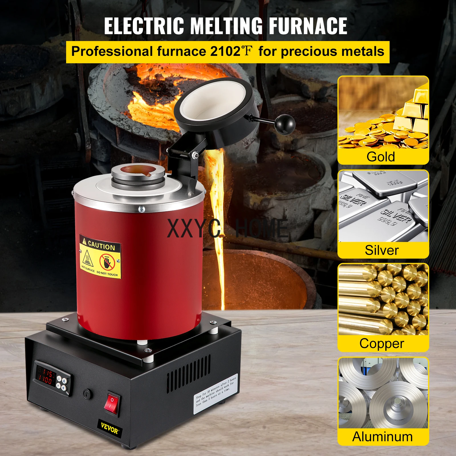 1/3KG Metal Melting Furnace with LED Display Screen Jewelry Making Tools Precious Gold Silver Furnace Kit Crucible Machine