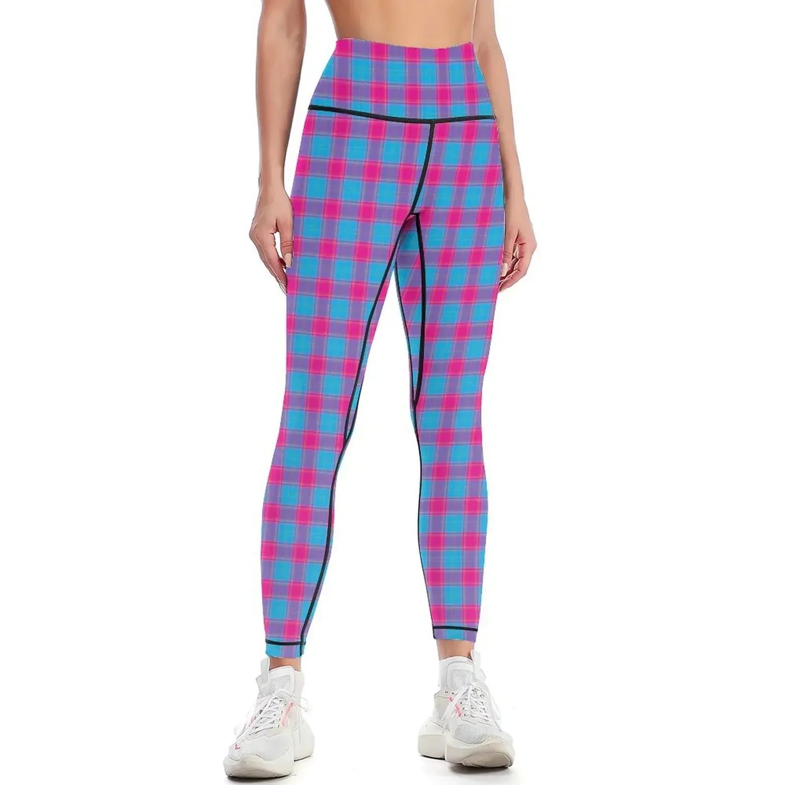 

Modern checkered plaid in pink and bright blue color. Madras pattern design. Leggings sportswear woman gym 2025 Womens Leggings