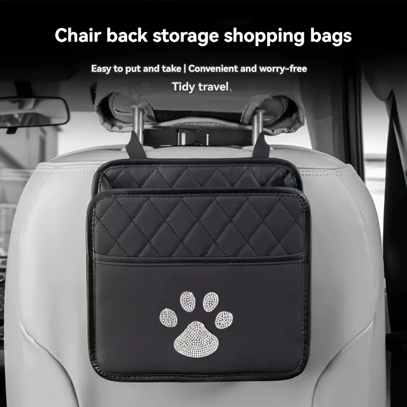 

Car Storage Bag With Diamond Studded Dog Paw Butterfly, Car Seat Back Storage Bag, Hanging Bag, Multifunctional Storage Box
