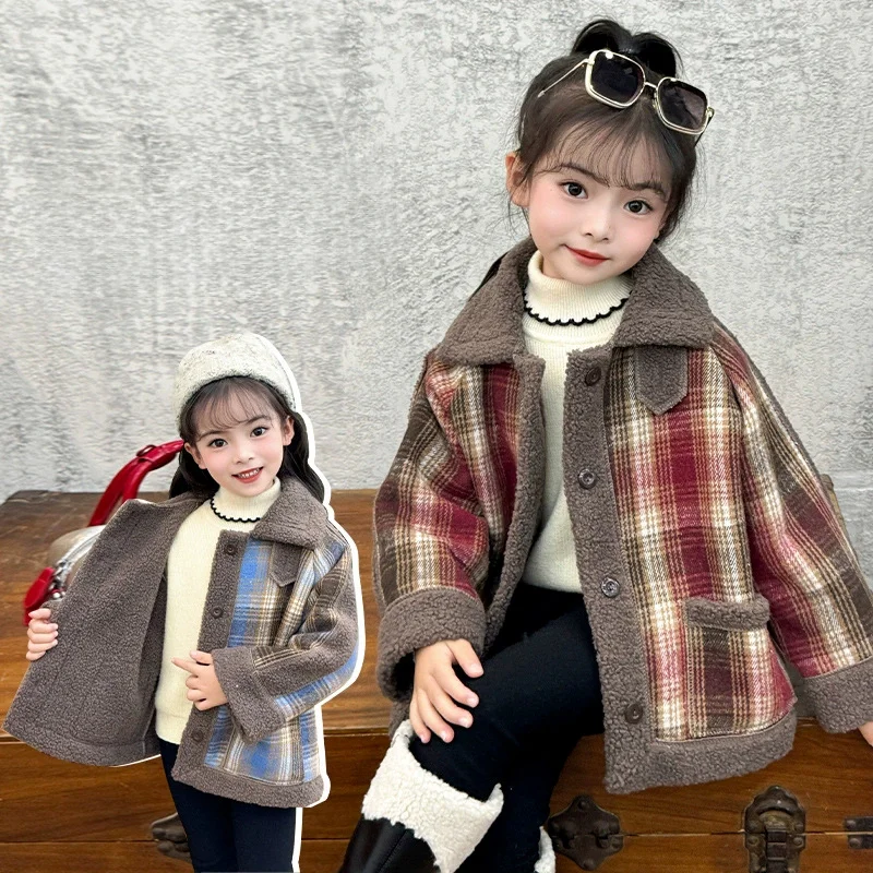 3-12 Years Girls Fashion Plaid Lamb's Wool Spliced Jacket Autumn Winter Kids Fleece Thick Warm Lapel Collar Outerwear