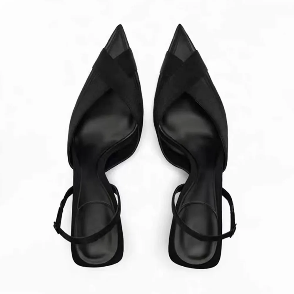 TRAF Women Cross Upper Pumps Slingbacks Point Head Spike Kitten Heels Sandals For Woman Black Fashion Heels Slipper Shoes Trend