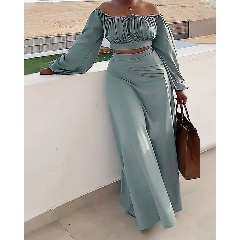 Women Ruched Lantern Long Sleeve Off Shoulder Crop Top & High Waist Side Slit Maxi Skirt Set Solid Two Pieces Dress Set Outfits