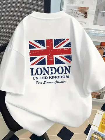 2026 Summer Vintage Distressed UK Union Jack London Double Sided Graphic T-Shirt Unisex Oversized Y2K Streetwear Cotton Tee