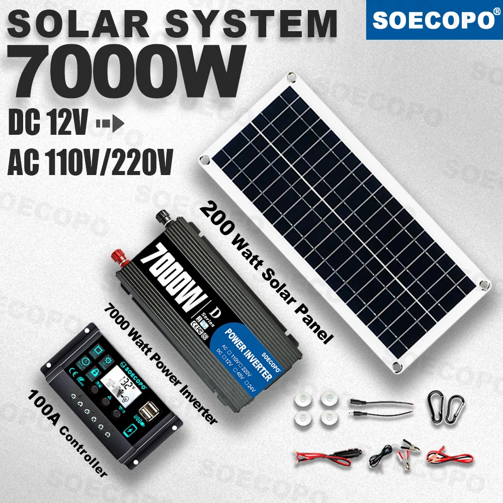 SOECOPO 7000W Complete Solar Kit 12V to 110V/220V Inverter,200W Panel 100A Controller for Off-Grid Home, RV & Camping generators